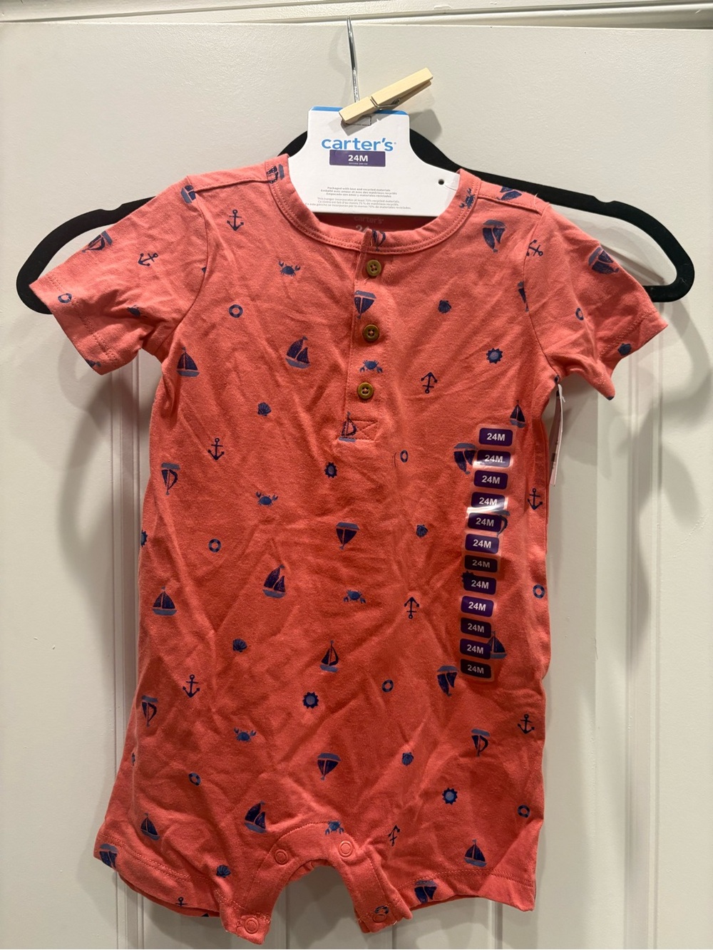 Carter's Coral Short-Sleeve Nautical Romper with Navy Print